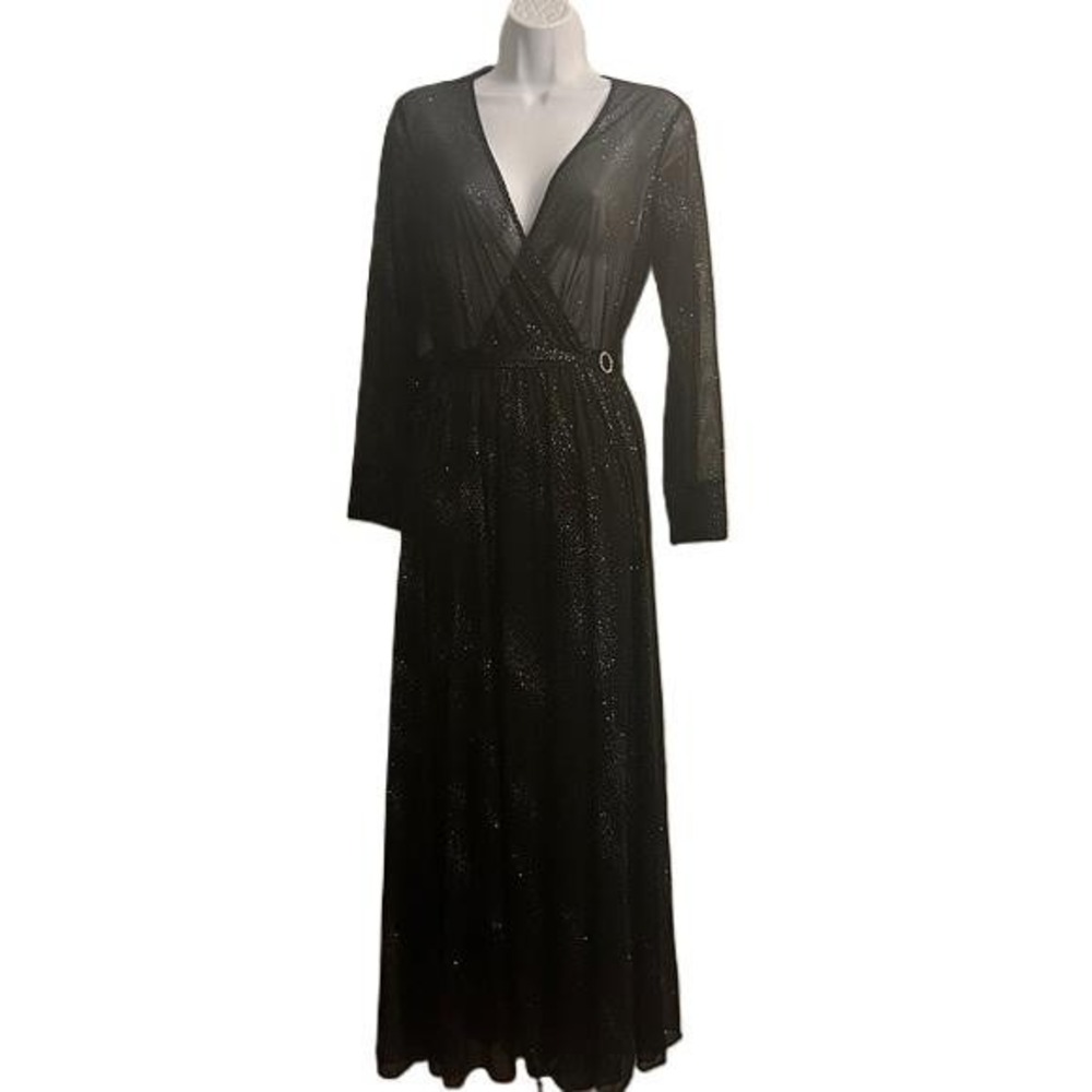 Alexa B Nites Dress Womens 8 Maxi Glitter Mesh Long Sleeve Black V-Neck Wrap